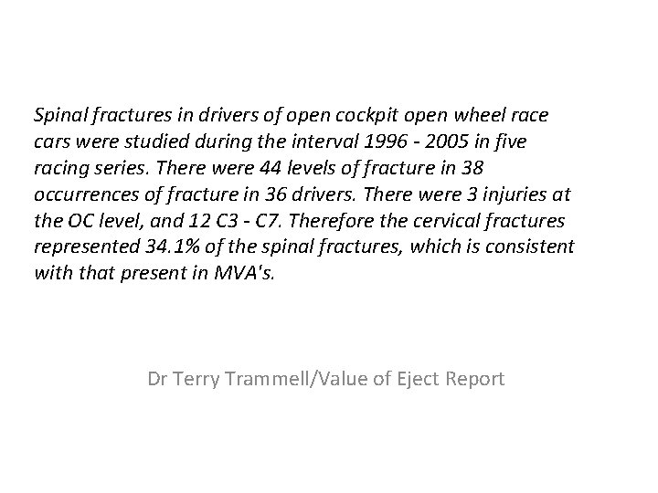Spinal fractures in drivers of open cockpit open wheel race cars were studied during Spinal fractures in drivers of open cockpit open wheel race cars were studied during