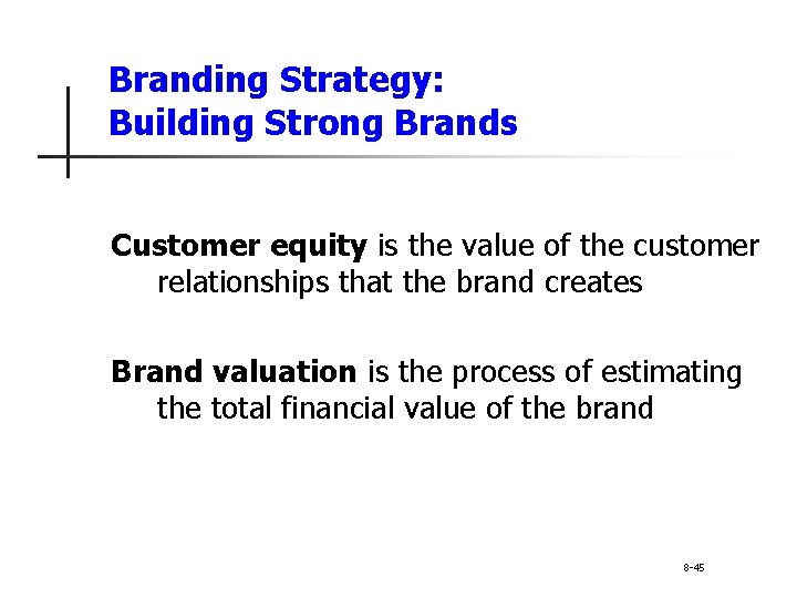 Branding Strategy: Building Strong Brands Customer equity is the value of the customer relationships