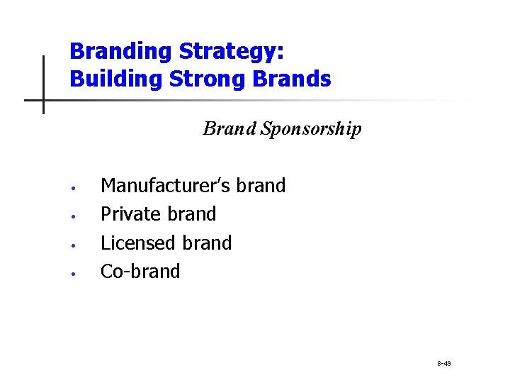 Branding Strategy: Building Strong Brands Brand Sponsorship • • Manufacturer’s brand Private brand Licensed