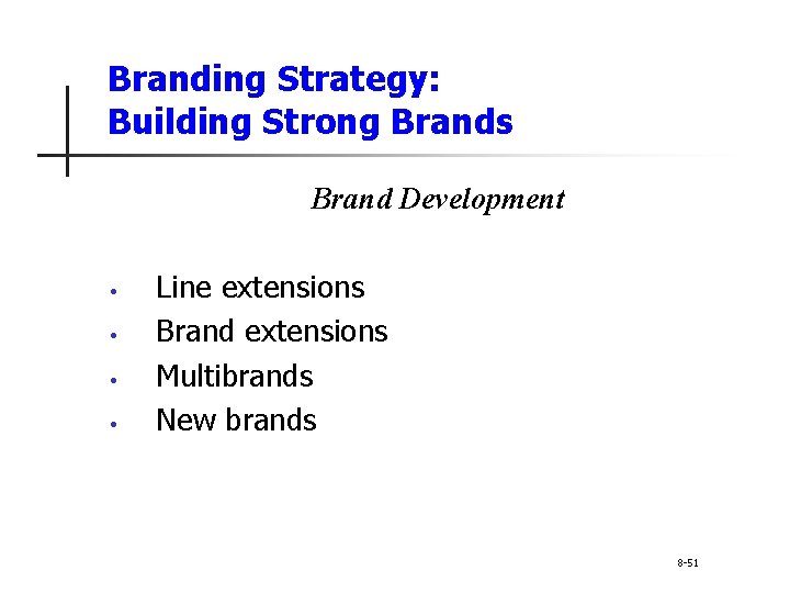 Branding Strategy: Building Strong Brands Brand Development • • Line extensions Brand extensions Multibrands