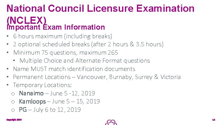 National Council Licensure Examination (NCLEX) Important Exam Information • 6 hours maximum (including breaks)