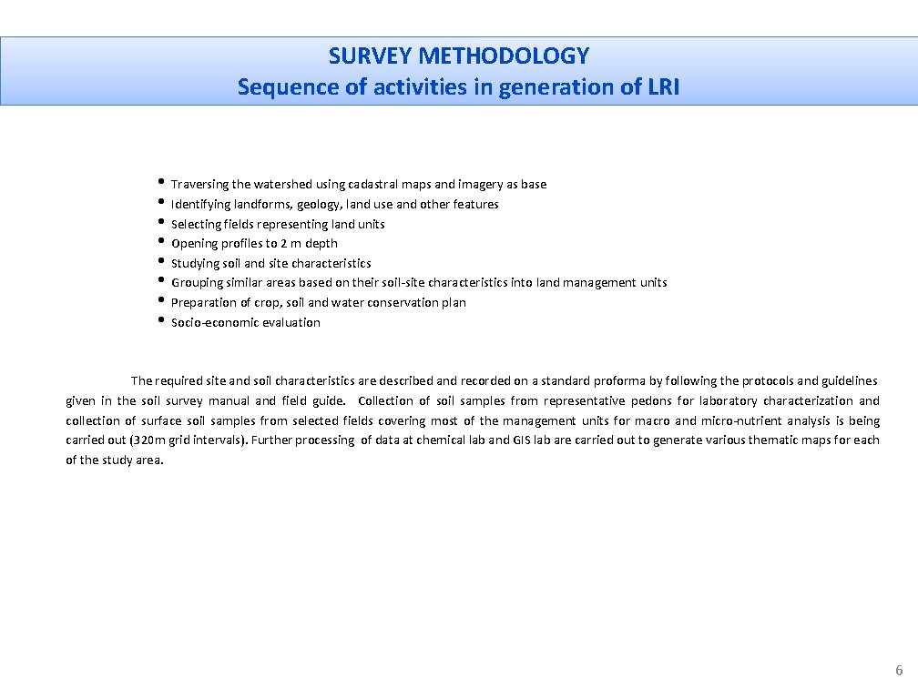 SURVEY METHODOLOGY Sequence of activities in generation of LRI • Traversing the watershed using