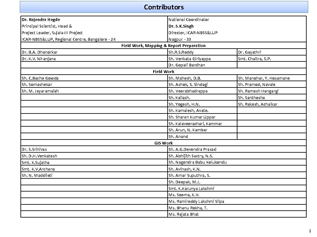 Contributors Dr. Rajendra Hegde Principal Scientist, Head & Project Leader, Sujala-III Project ICAR-NBSS&LUP, Regional
