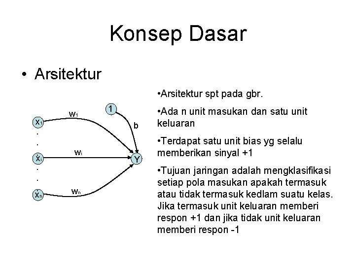 Konsep Dasar • Arsitektur spt pada gbr. x 1. . . xi. . .