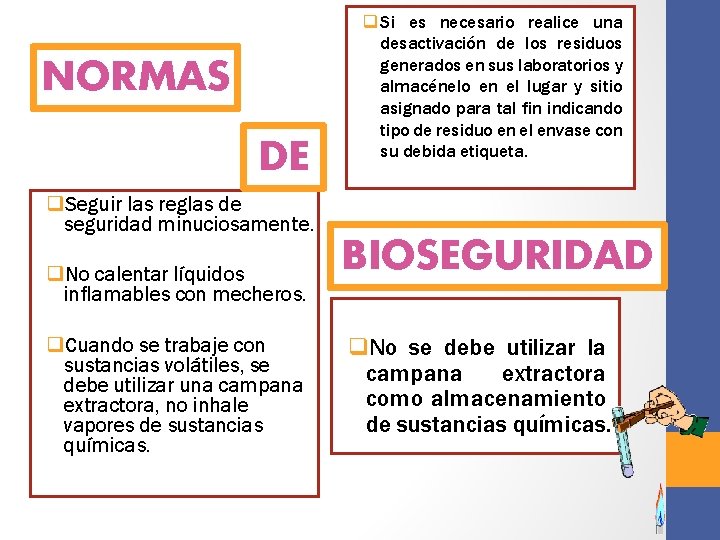 NORMAS DE q Si es necesario realice una desactivación de los residuos generados en
