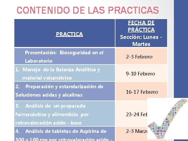 CONTENIDO DE LAS PRACTICA Presentación: Bioseguridad en el Laboratorio 1. Manejo de la Balanza
