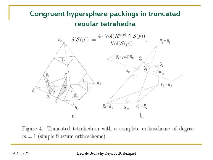 Congruent hypersphere packings in truncated regular tetrahedra 2021. 02. 26. Discrete Geometry Days, 2019,