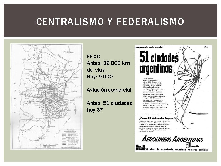 CENTRALISMO Y FEDERALISMO FF. CC Antes: 39. 000 km de vias. Hoy: 9. 000