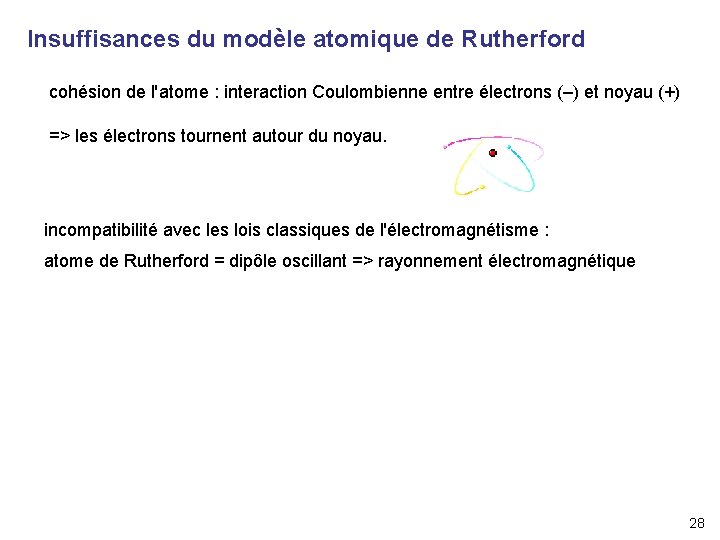 Insuffisances du modèle atomique de Rutherford cohésion de l'atome : interaction Coulombienne entre électrons