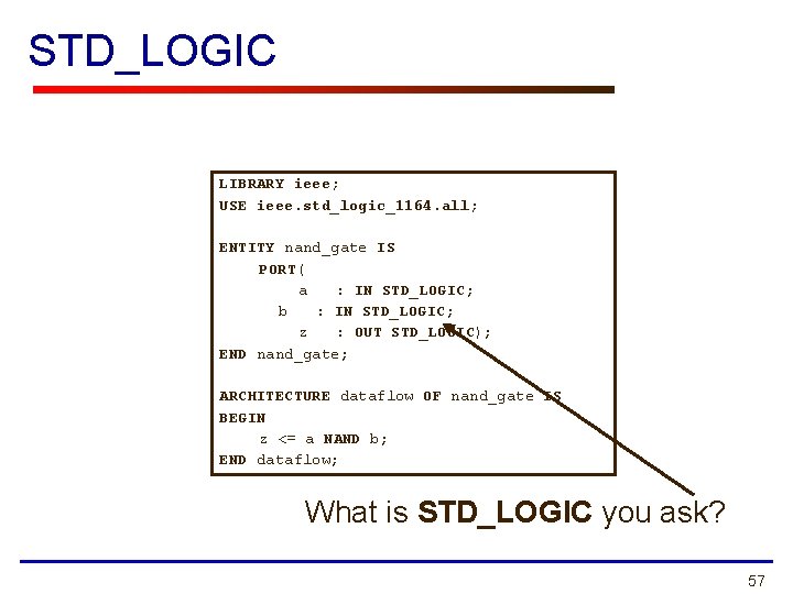 STD_LOGIC LIBRARY ieee; USE ieee. std_logic_1164. all; ENTITY nand_gate IS PORT( a : IN