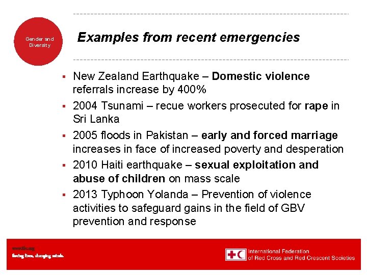 Examples from recent emergencies Gender and Diversity § § § www. ifrc. org Saving