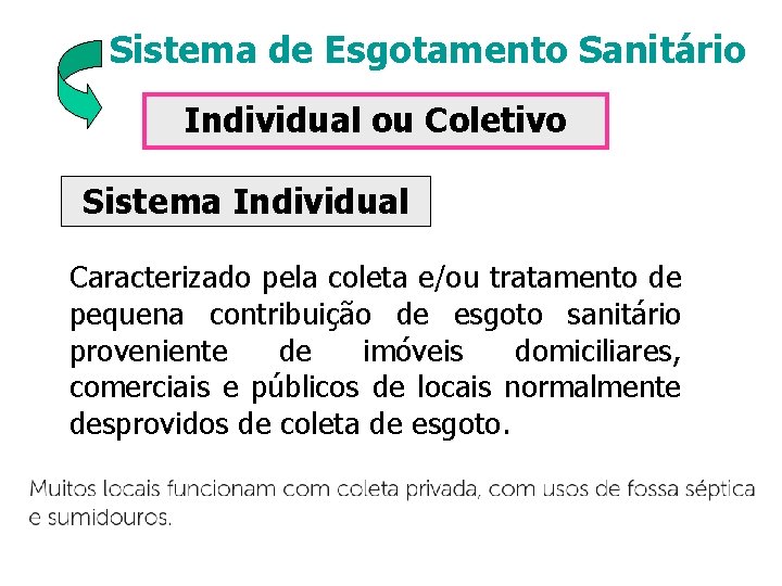 Sistema de Esgotamento Sanitário Individual ou Coletivo Sistema Individual Caracterizado pela coleta e/ou tratamento