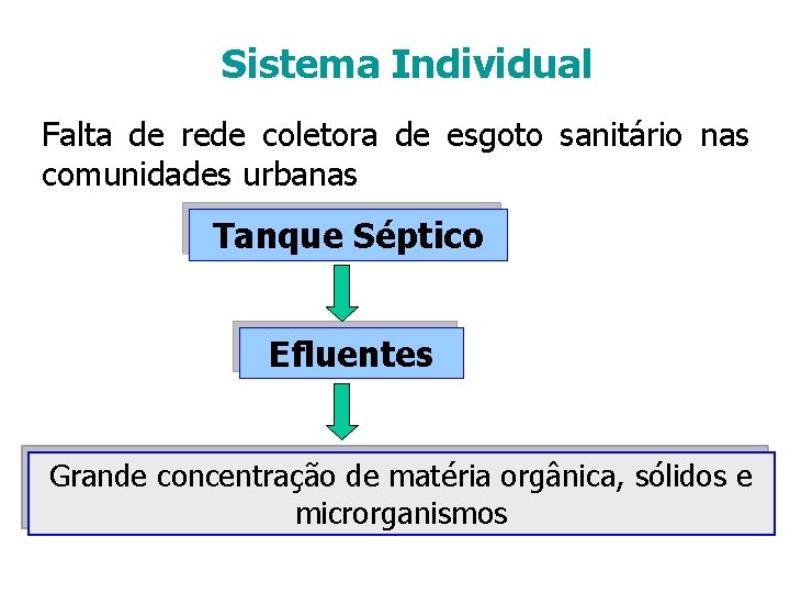 Sistema Individual Falta de rede coletora de esgoto sanitário nas comunidades urbanas Tanque Séptico