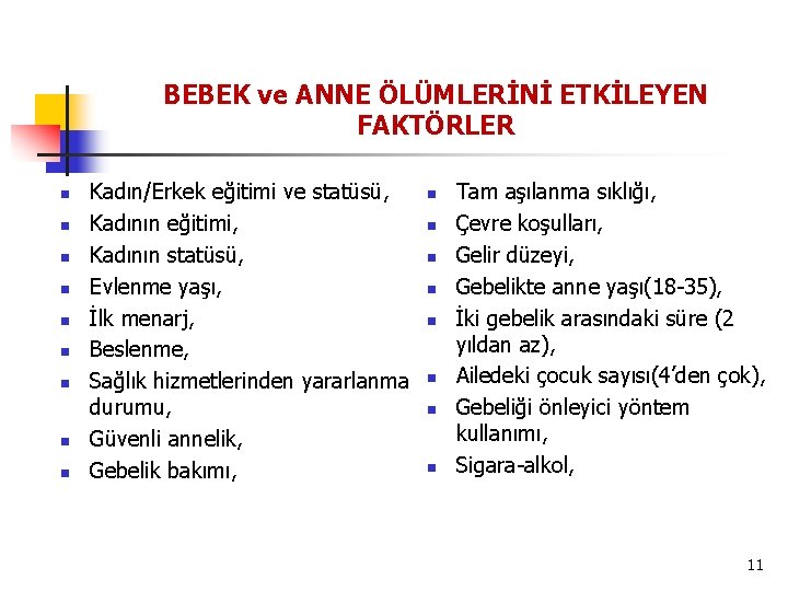 BEBEK ve ANNE ÖLÜMLERİNİ ETKİLEYEN FAKTÖRLER n n n n n Kadın/Erkek eğitimi ve