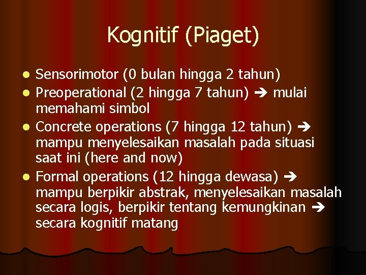 Kognitif (Piaget) l l Sensorimotor (0 bulan hingga 2 tahun) Preoperational (2 hingga 7