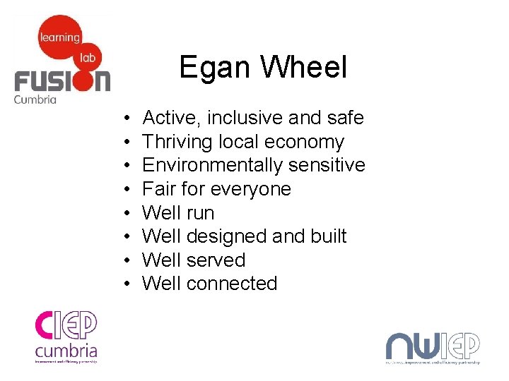 Egan Wheel • • Active, inclusive and safe Thriving local economy Environmentally sensitive Fair