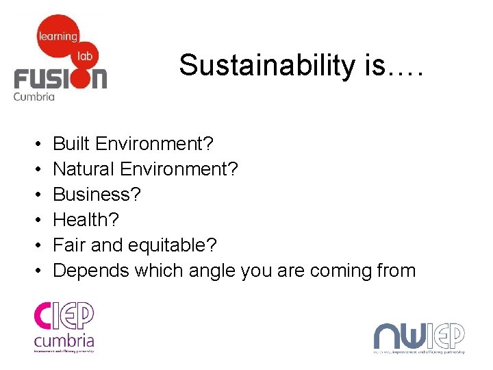 Sustainability is…. • • • Built Environment? Natural Environment? Business? Health? Fair and equitable?