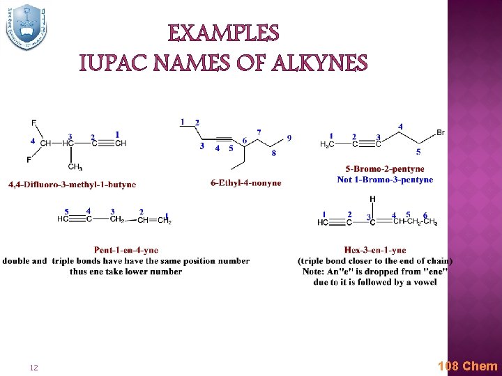 EXAMPLES IUPAC NAMES OF ALKYNES 12 108 Chem 