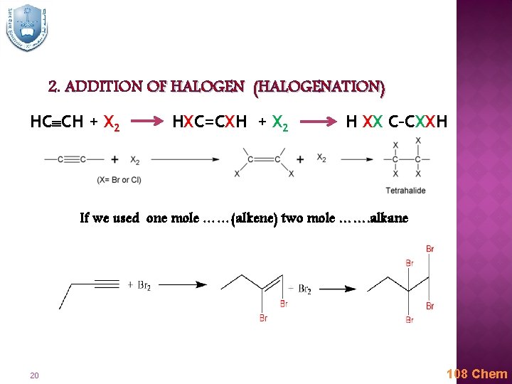 2. ADDITION OF HALOGEN (HALOGENATION) HC CH + X 2 HXC=CXH + X 2