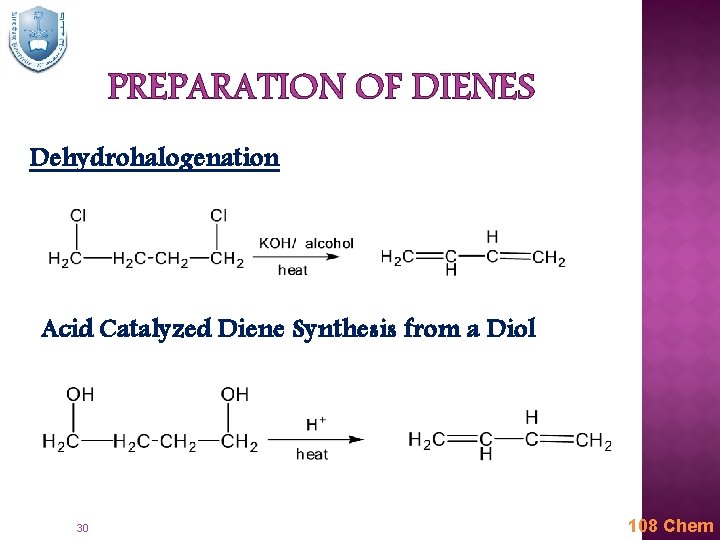 PREPARATION OF DIENES Dehydrohalogenation Acid Catalyzed Diene Synthesis from a Diol 30 108 Chem