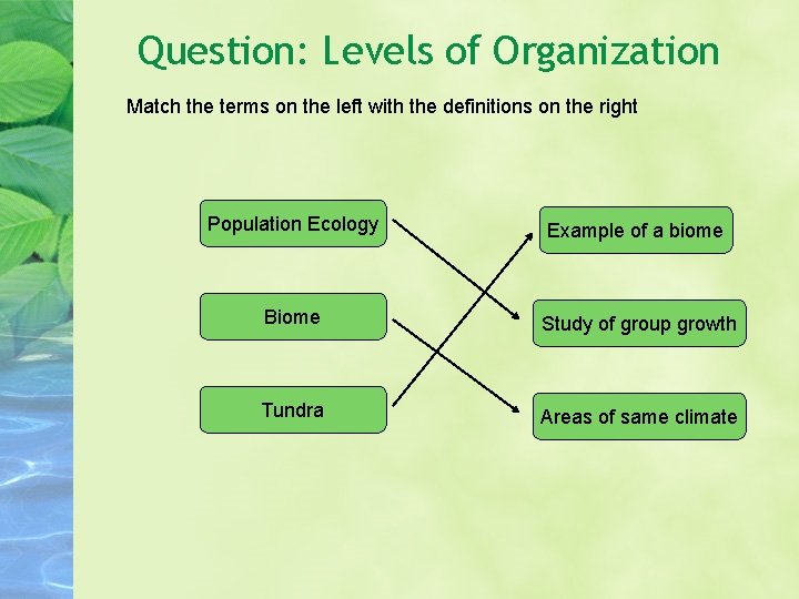 Question: Levels of Organization Match the terms on the left with the definitions on Question: Levels of Organization Match the terms on the left with the definitions on