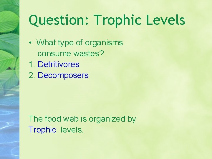 Question: Trophic Levels • What type of organisms consume wastes? 1. Detritivores 2. Decomposers Question: Trophic Levels • What type of organisms consume wastes? 1. Detritivores 2. Decomposers