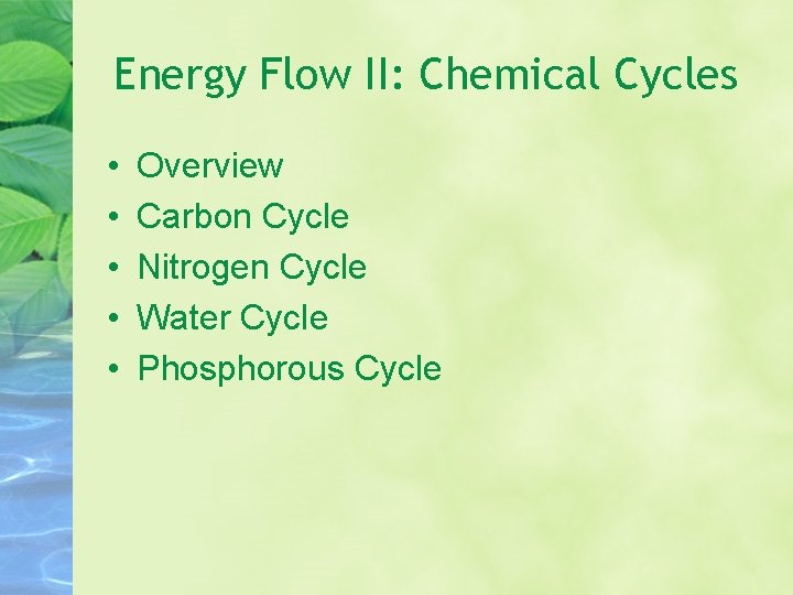 Energy Flow II: Chemical Cycles • • • Overview Carbon Cycle Nitrogen Cycle Water Energy Flow II: Chemical Cycles • • • Overview Carbon Cycle Nitrogen Cycle Water