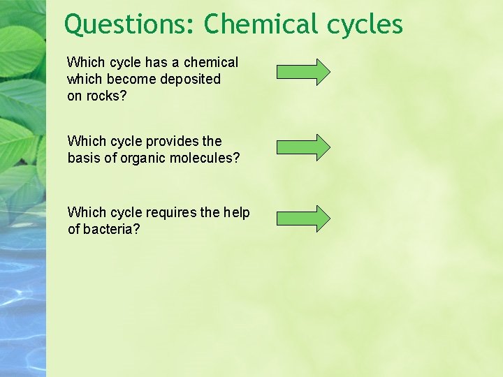 Questions: Chemical cycles Which cycle has a chemical which become deposited on rocks? Which Questions: Chemical cycles Which cycle has a chemical which become deposited on rocks? Which