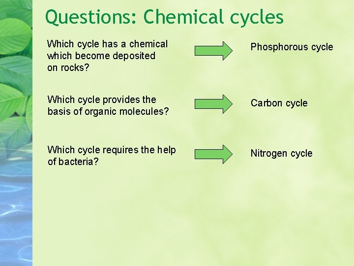 Questions: Chemical cycles Which cycle has a chemical which become deposited on rocks? Phosphorous Questions: Chemical cycles Which cycle has a chemical which become deposited on rocks? Phosphorous