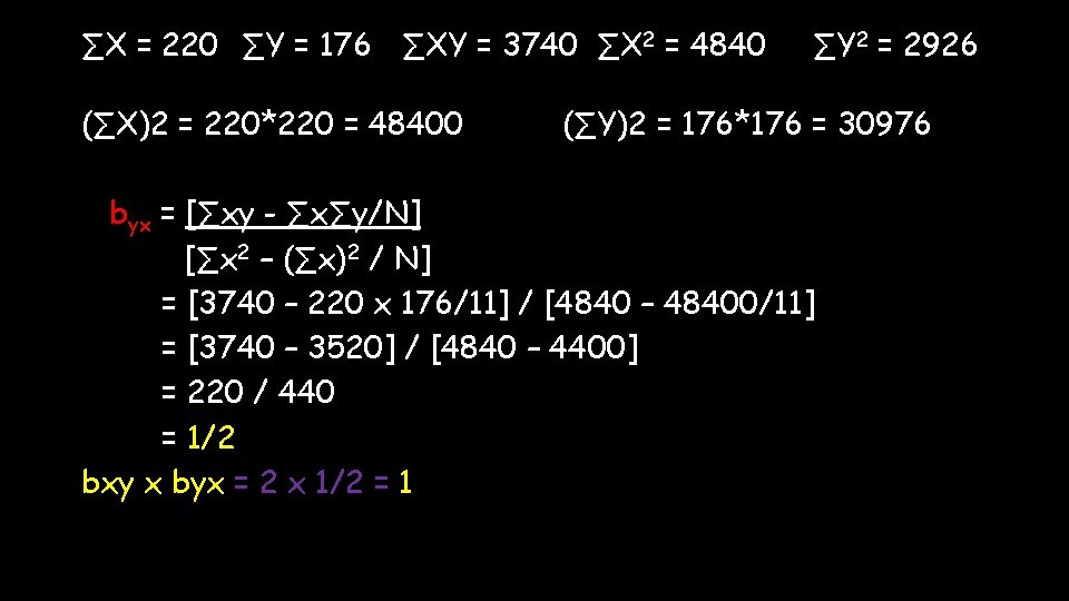 ∑X = 220 ∑Y = 176 ∑XY = 3740 ∑X 2 = 4840 (∑X)2