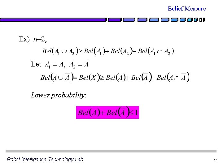 Belief Measure Ex) n=2, Let Lower probability: Robot Intelligence Technology Lab. 11 