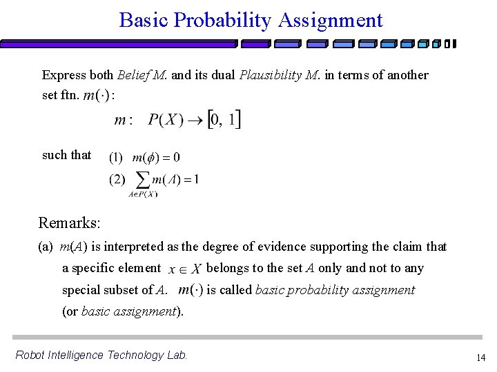 Basic Probability Assignment Express both Belief M. and its dual Plausibility M. in terms