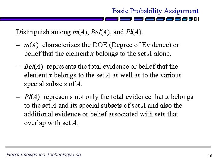 Basic Probability Assignment Distinguish among m(A), Bel(A), and Pl(A). – m(A) characterizes the DOE