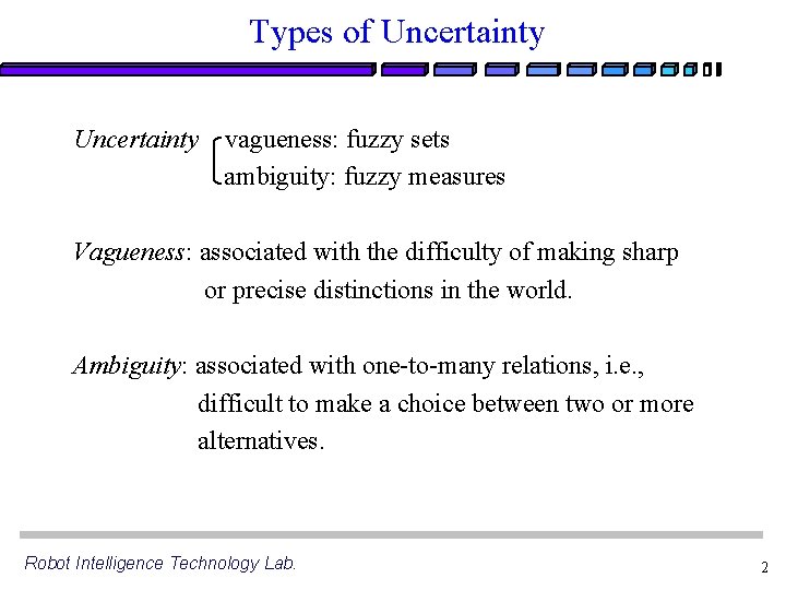 Types of Uncertainty vagueness: fuzzy sets ambiguity: fuzzy measures Vagueness: associated with the difficulty