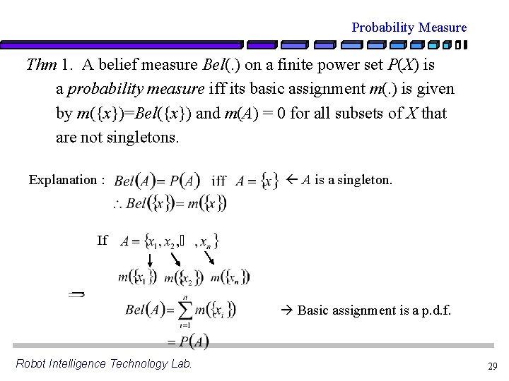 Probability Measure Thm 1. A belief measure Bel(. ) on a finite power set