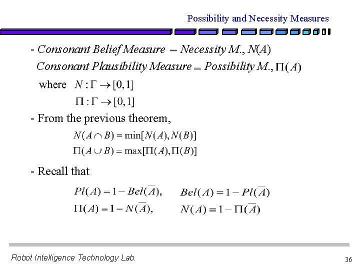 Possibility and Necessity Measures - Consonant Belief Measure Necessity M. , N(A) Consonant Plausibility