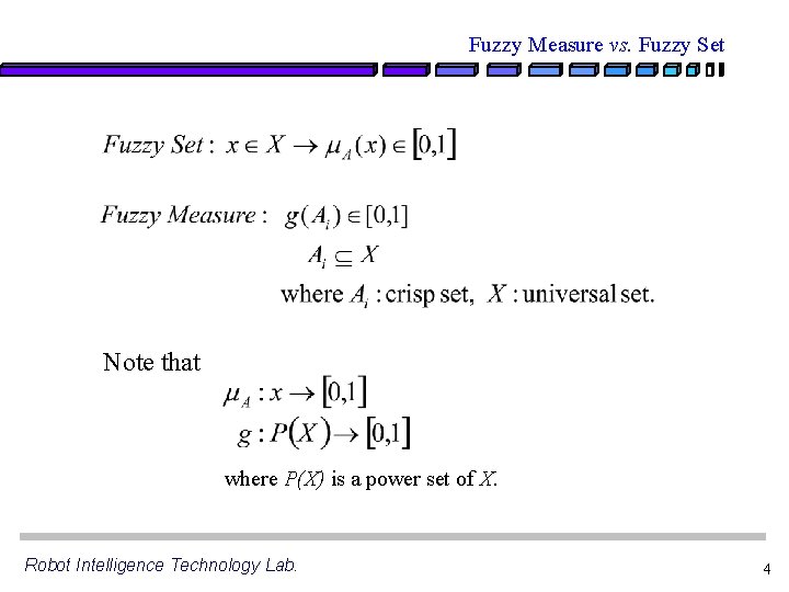 Fuzzy Measure vs. Fuzzy Set Note that where P(X) is a power set of