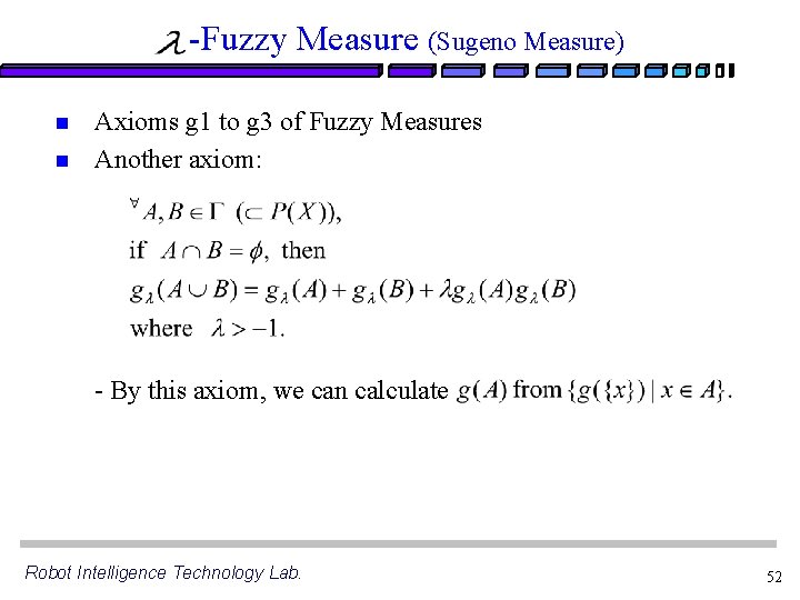 -Fuzzy Measure (Sugeno Measure) n n Axioms g 1 to g 3 of Fuzzy