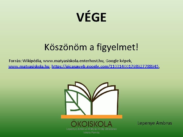 VÉGE Köszönöm a figyelmet! Forrás: Wikipédia, www. matyasiskola. enterhost. hu, Google képek, www. matyasiskola.