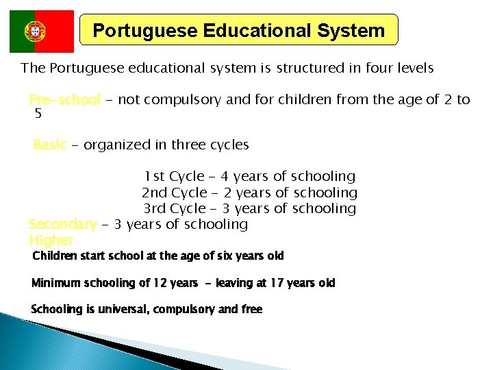 Portuguese Educational System The Portuguese educational system is structured in four levels Pre-school -