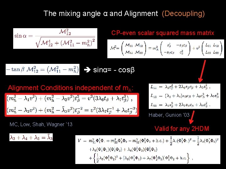The mixing angle α and Alignment (Decoupling) CP-even scalar squared mass matrix 2 sinα=
