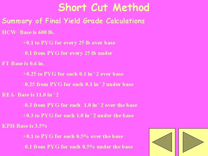 Short Cut Method Summary of Final Yield Grade Calculations HCW- Base is 600 lb.