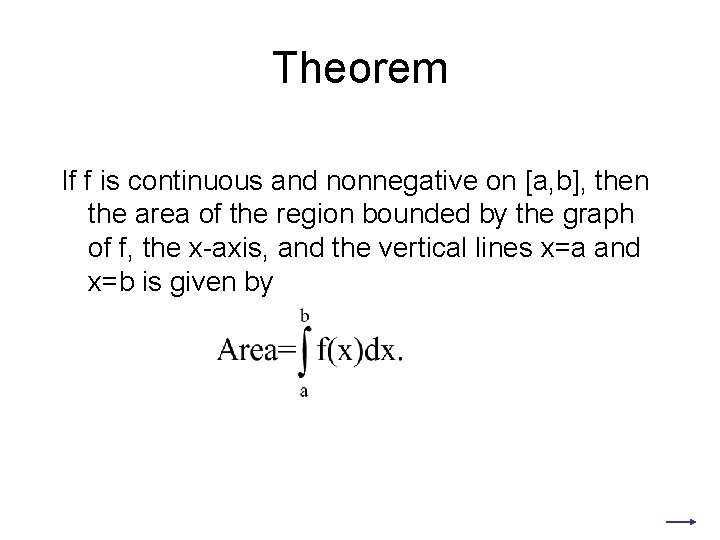 Theorem If f is continuous and nonnegative on [a, b], then the area of