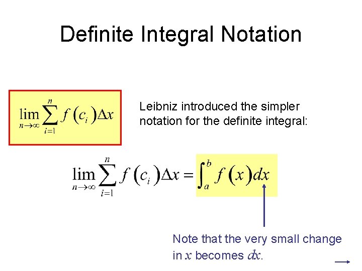 Definite Integral Notation Leibniz introduced the simpler notation for the definite integral: Note that Definite Integral Notation Leibniz introduced the simpler notation for the definite integral: Note that