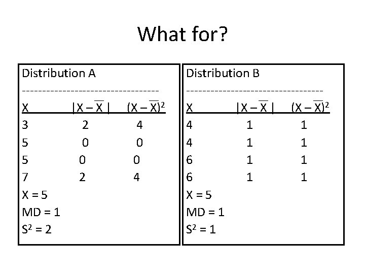 What for? Distribution A -----------------X |X – X | (X – X)2 3 2