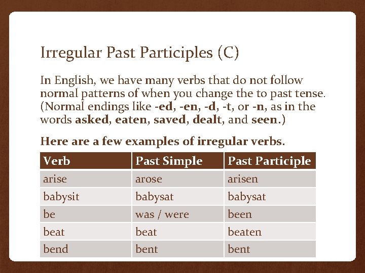 Irregular Past Participles (C) In English, we have many verbs that do not follow Irregular Past Participles (C) In English, we have many verbs that do not follow