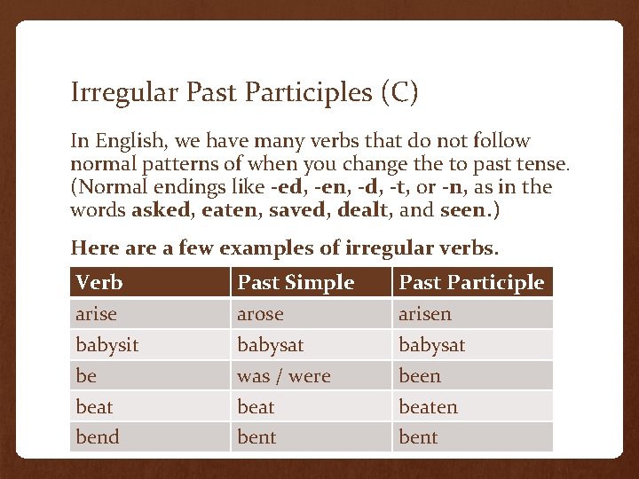 Irregular Past Participles (C) In English, we have many verbs that do not follow