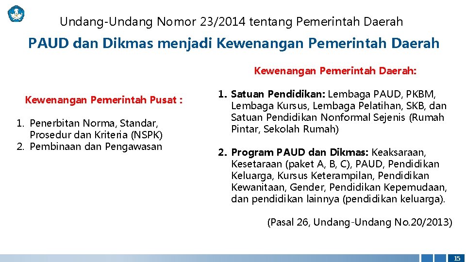 Undang-Undang Nomor 23/2014 tentang Pemerintah Daerah PAUD dan Dikmas menjadi Kewenangan Pemerintah Daerah: Kewenangan