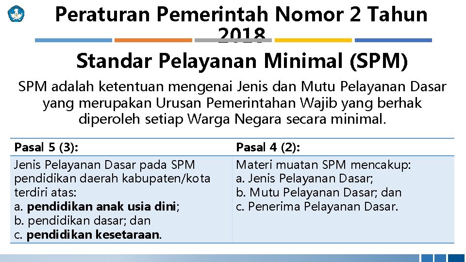 Peraturan Pemerintah Nomor 2 Tahun 2018 Standar Pelayanan Minimal (SPM) SPM adalah ketentuan mengenai