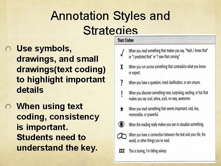 Annotation Styles and Strategies Use symbols, drawings, and small drawings(text coding) to highlight important